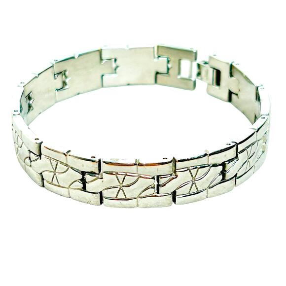 Etched Stainless Steel Links Unisex 8 Inch Bracelet - Picture 1 of 4